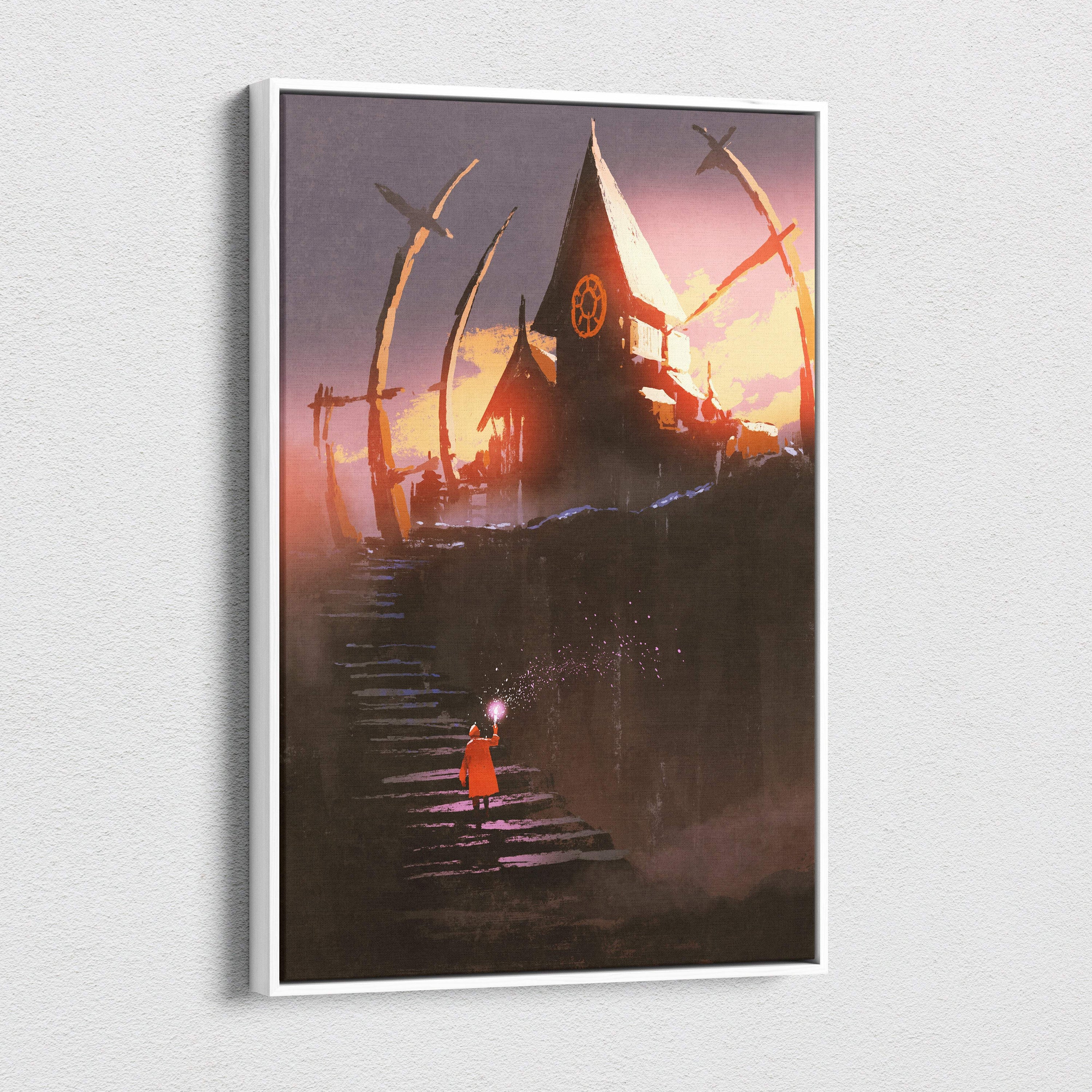 A framed dark fantasy canvas art of a child in an orange coat ascending stone steps toward a mysterious chapel under twilight sky