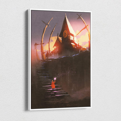 A framed dark fantasy canvas art of a child in an orange coat ascending stone steps toward a mysterious chapel under twilight sky