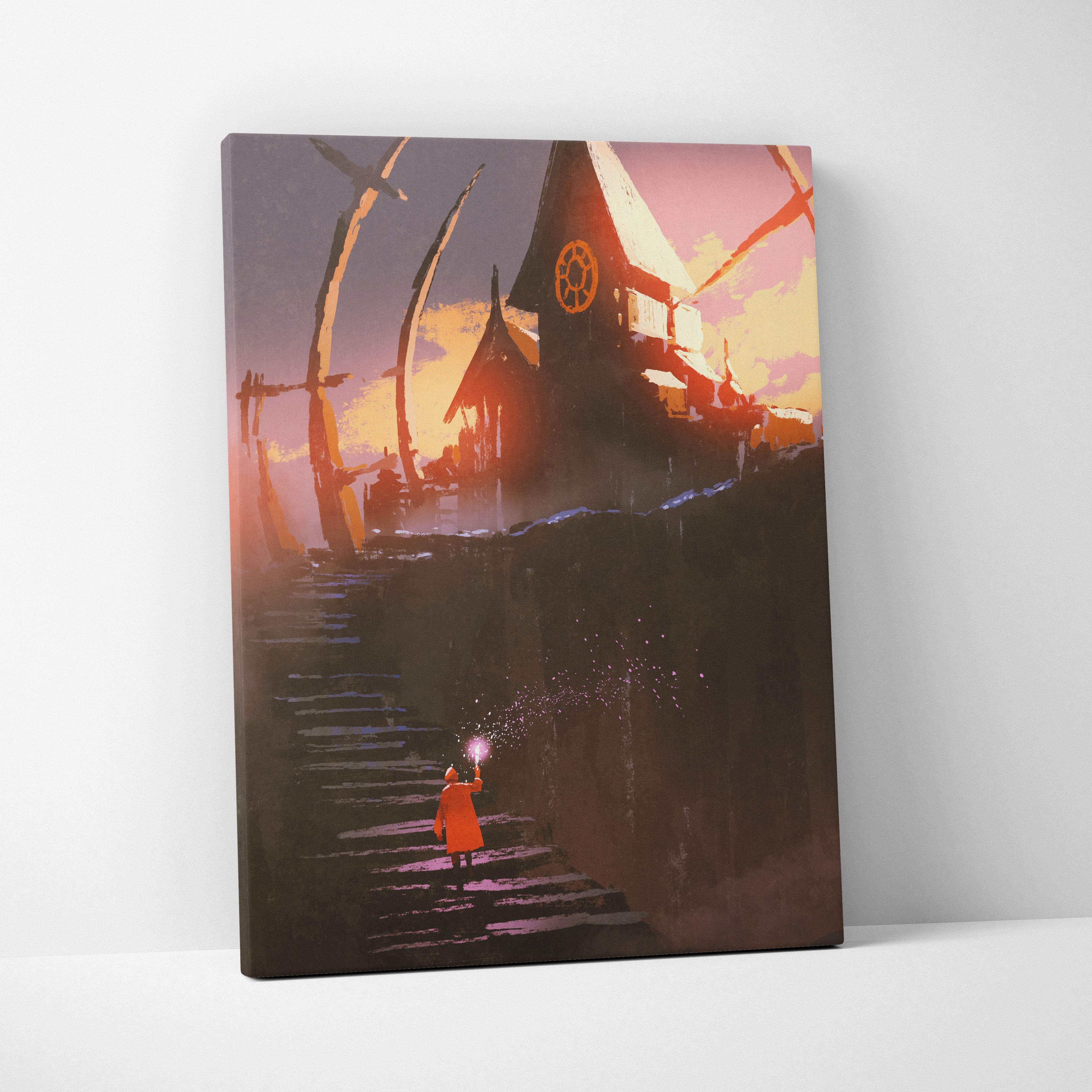 Rectangular canvas print of a dark fantasy chapel with a child in an orange coat ascending stone steps under a moody sky