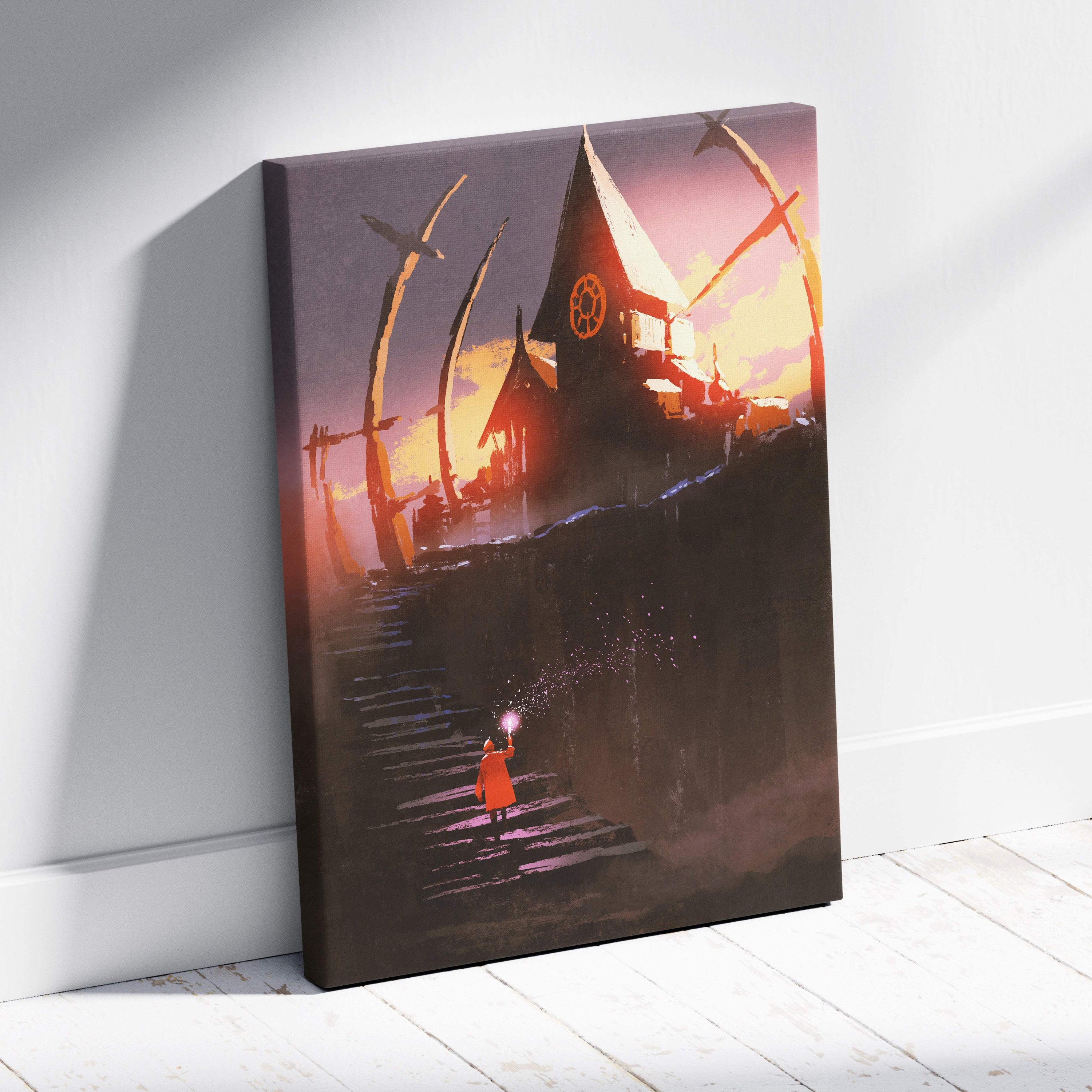 Rectangular canvas print of a child in an orange coat ascending steps to a dark spire-topped chapel under a moody sky