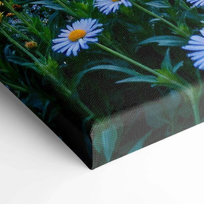 Floral and mountain digital art on stretched canvas with vibrant daisies and green foliage wall art.