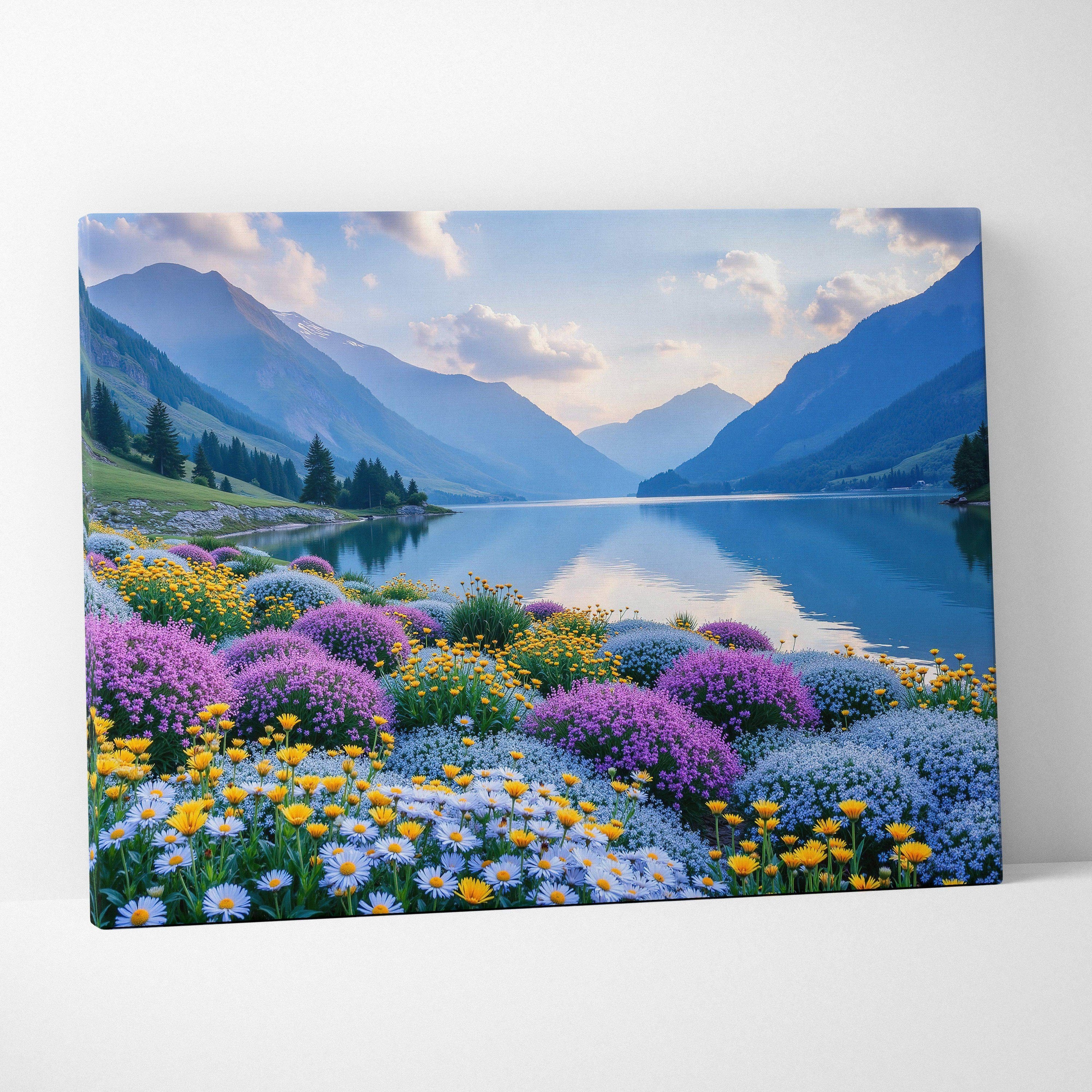 Canvas wall art featuring vibrant purple and yellow wildflowers with a serene mountain lake backdrop.