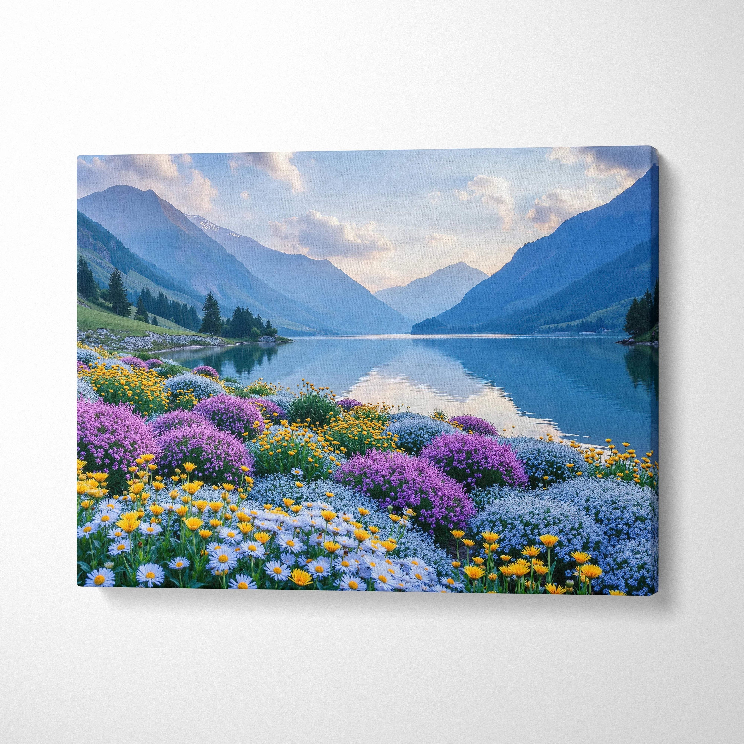Mountain landscape canvas wall art with vibrant purple and yellow wildflowers and calm lake reflection.