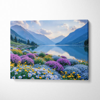 Mountain landscape canvas wall art with vibrant purple and yellow wildflowers and calm lake reflection.