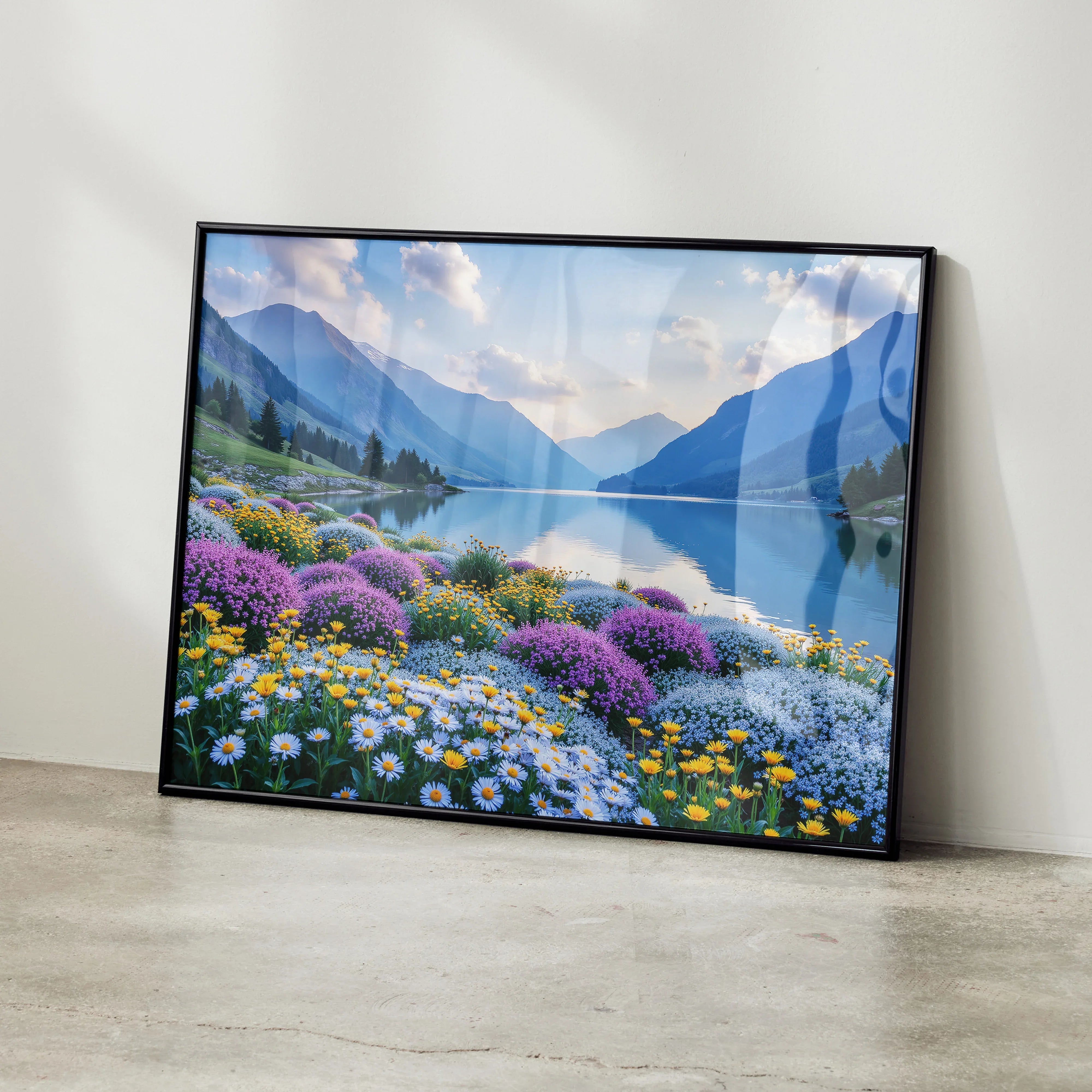 Vibrant floral and mountain landscape poster with colorful wildflowers and serene lake wall art.
