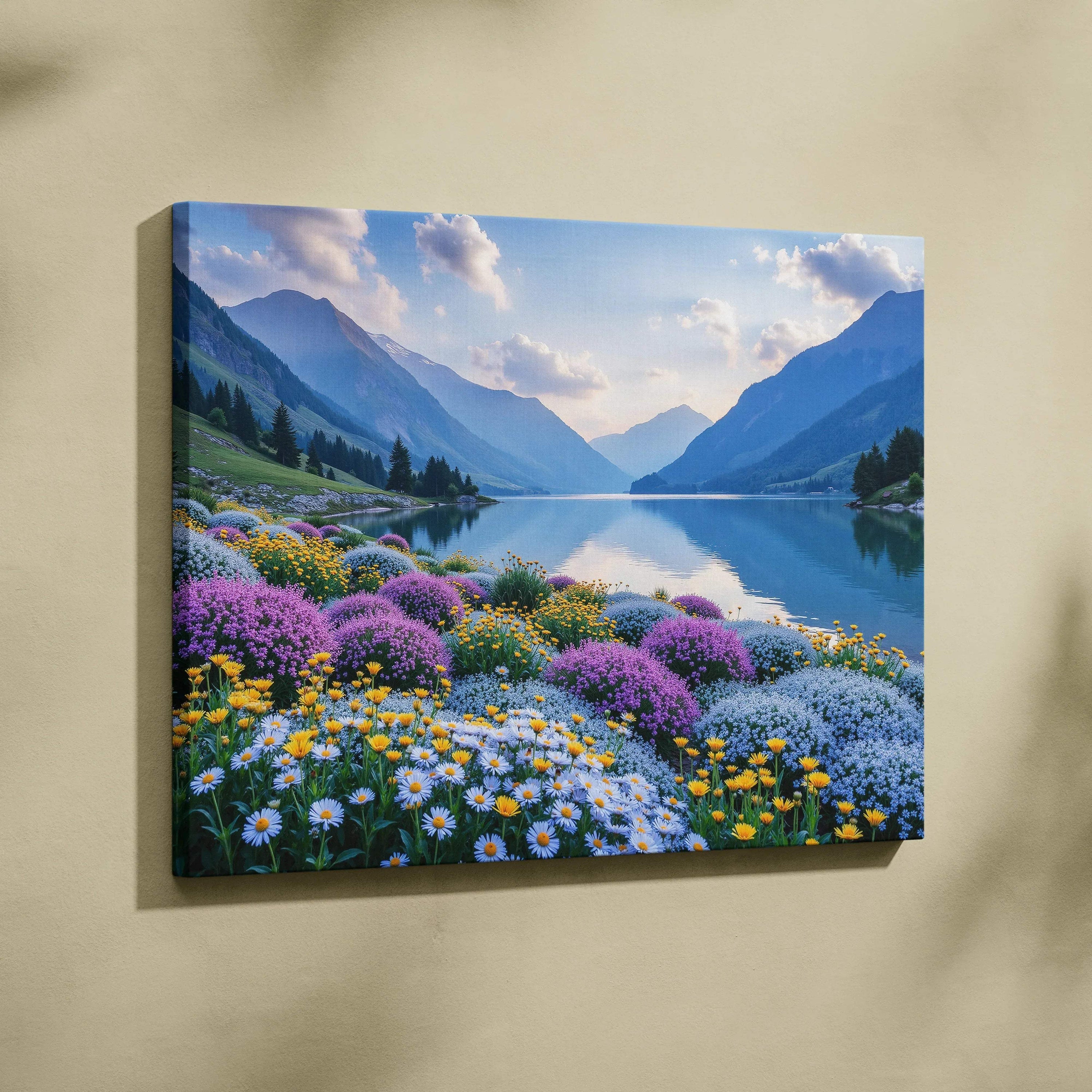 Mountain landscape canvas wall art with colorful wildflowers and serene lake reflection.