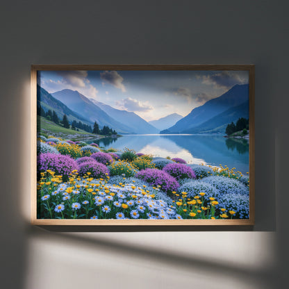 Vibrant floral meadow with purple, white, and yellow flowers by serene mountain lake poster wall art.