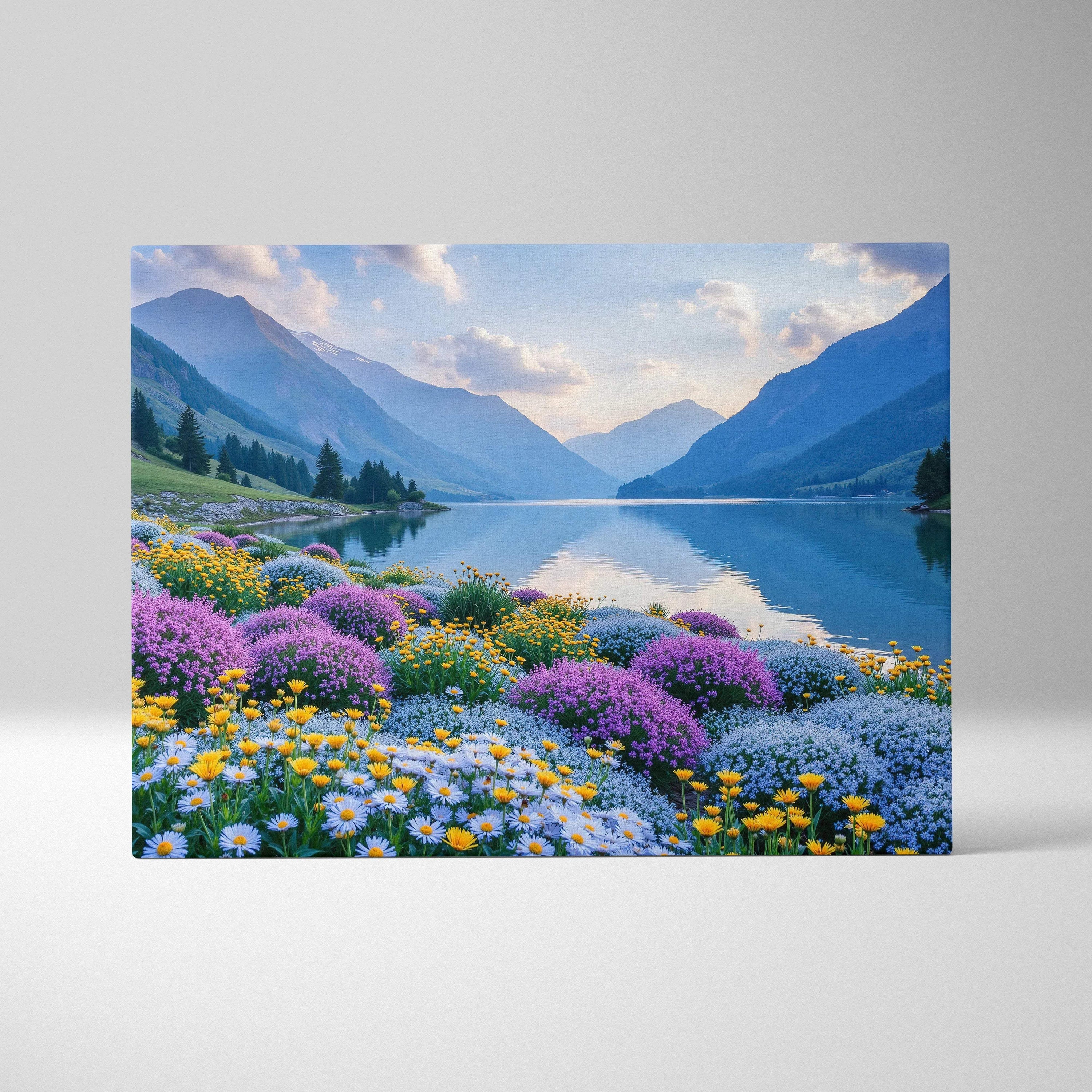 Mountain landscape canvas wall art with colorful floral foreground and calm lake reflection.