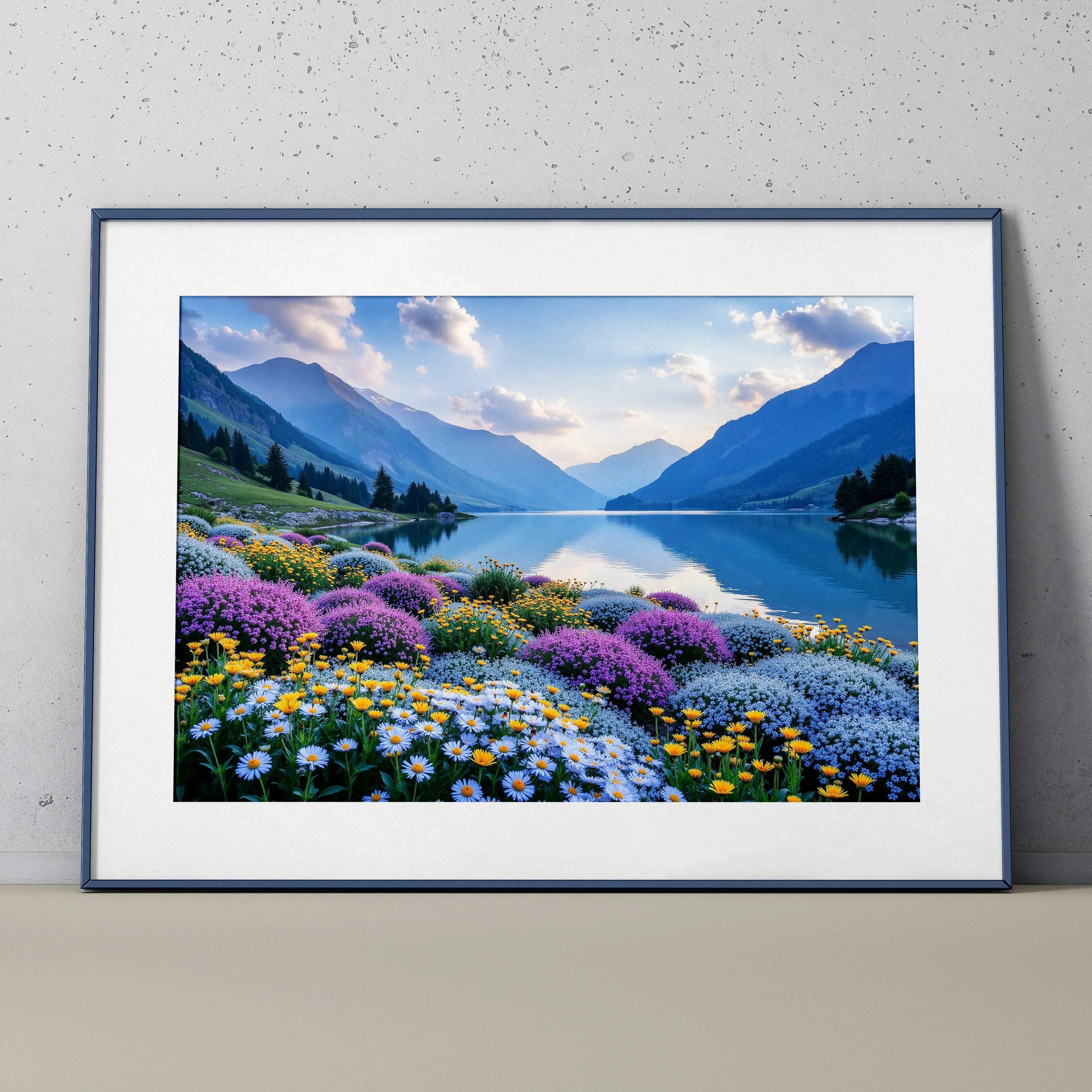 Vibrant floral meadow with daisies and purple flowers by a mountain lake at sunrise wall art poster.