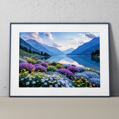 Vibrant floral meadow with daisies and purple flowers by a mountain lake at sunrise wall art poster.