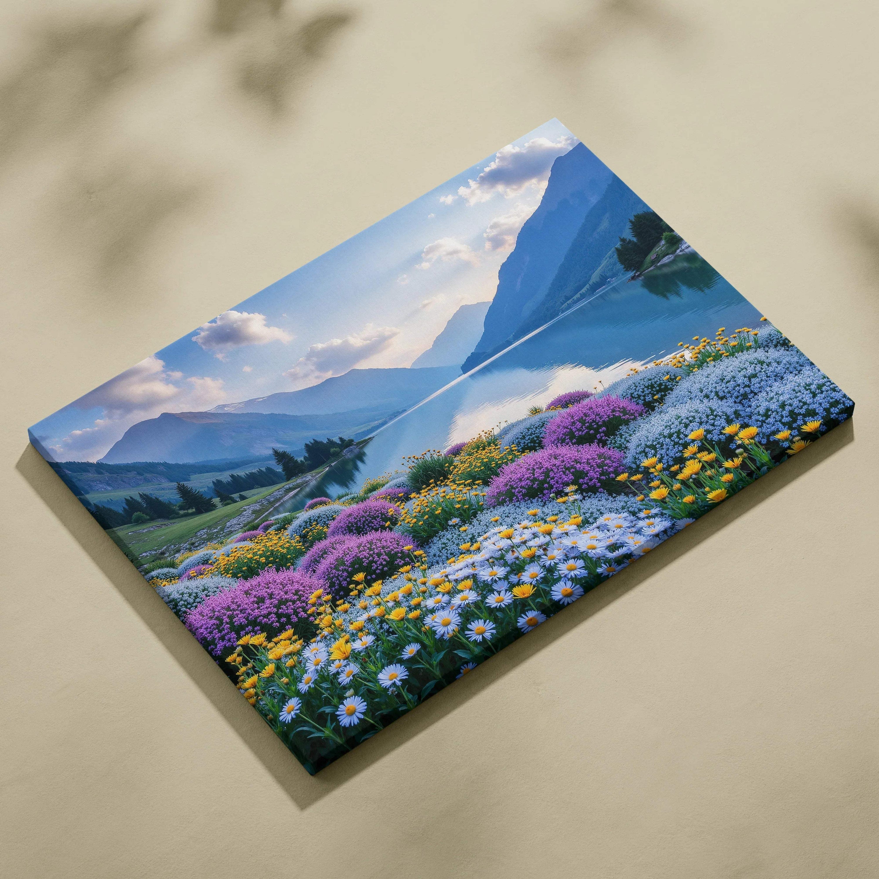 Floral mountain landscape canvas wall art with colorful wildflowers and blue sky.