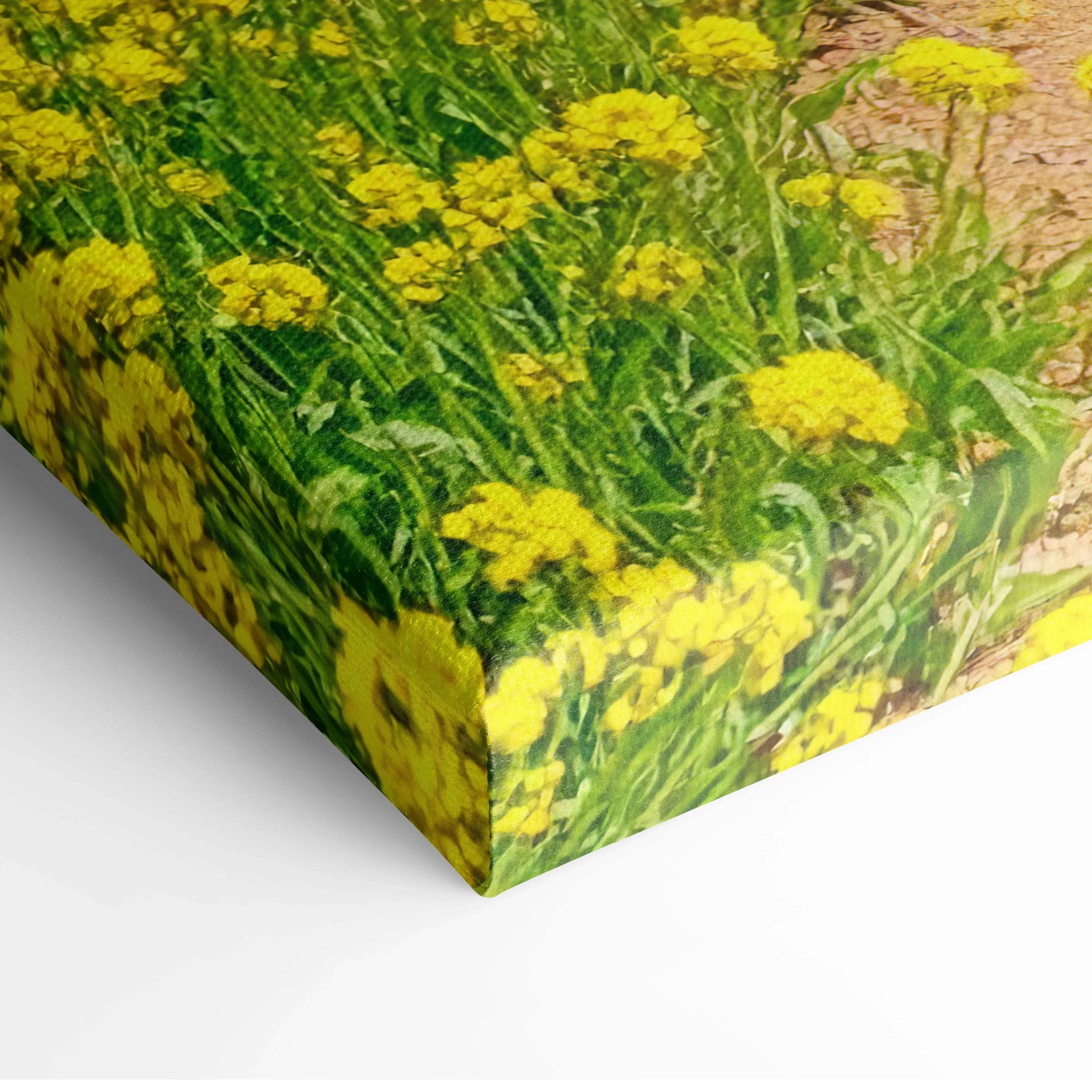 Close-up of canvas wall art featuring vibrant yellow flowers and green foliage in textured floral design.