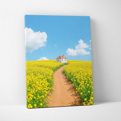Canvas wall art featuring a dirt path through a vibrant yellow flower field under blue skies.