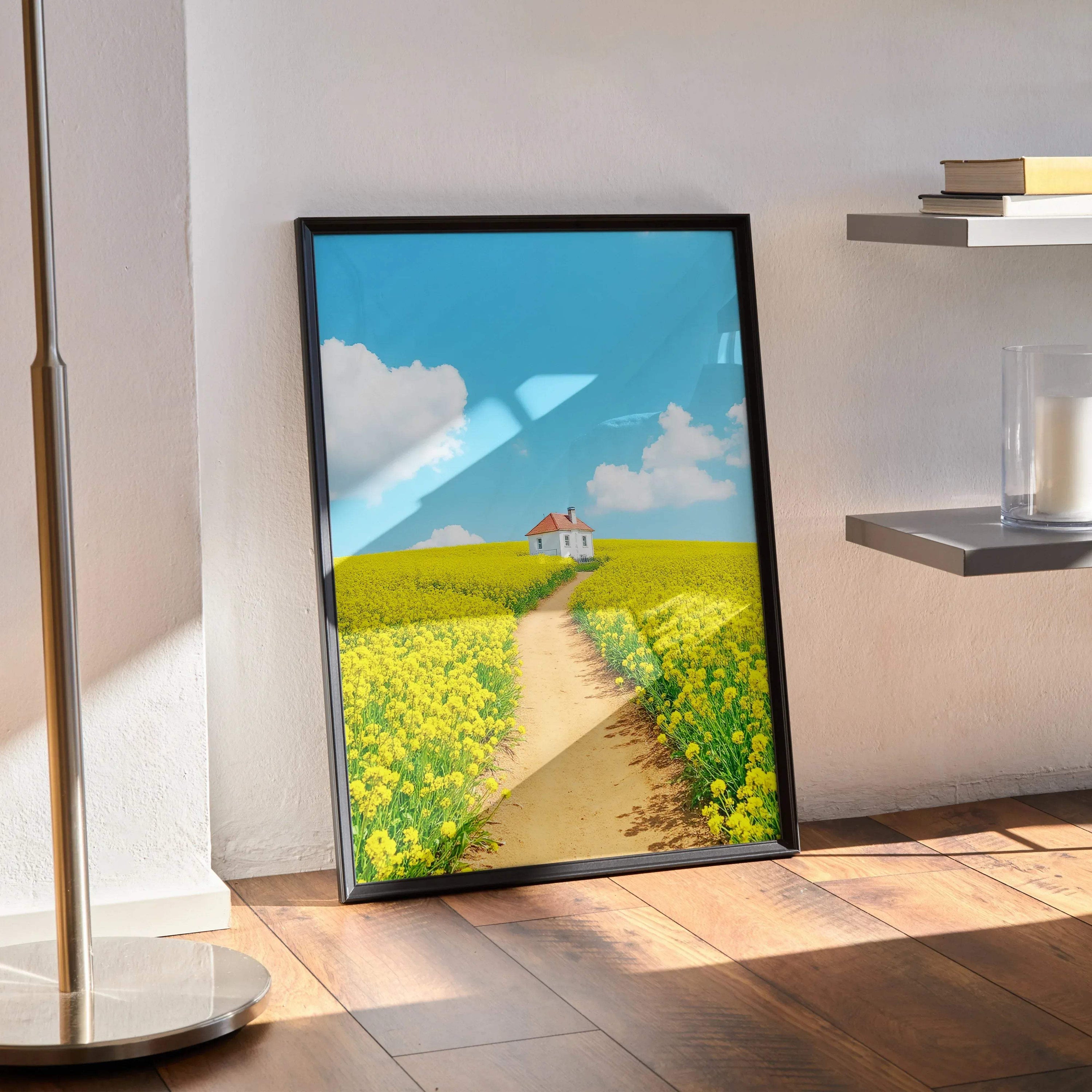 Watercolor poster of a yellow flower field with a country house under blue sky wall art print.