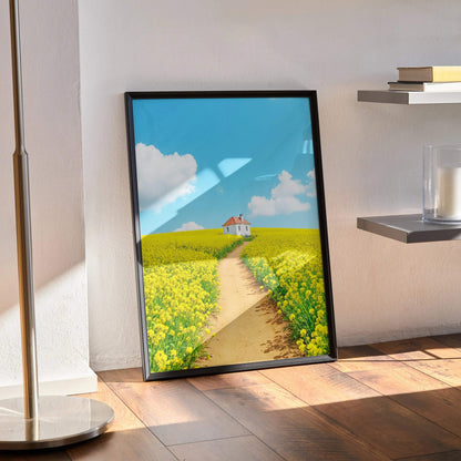 Watercolor poster of a yellow flower field with a country house under blue sky wall art print.