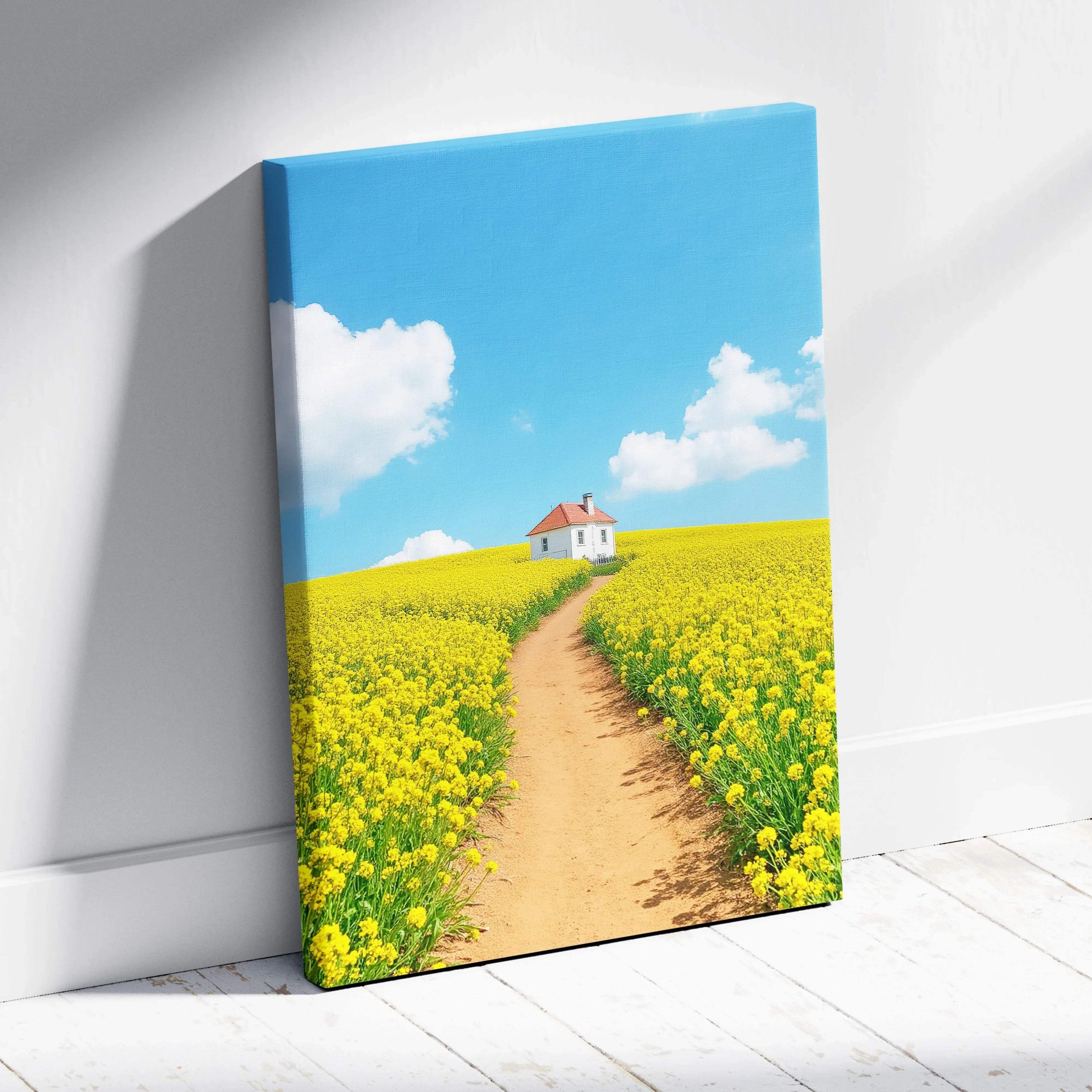 Canvas wall art featuring a bright yellow flower field, dirt path, and small white house under a blue sky.