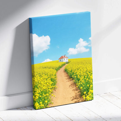 Canvas wall art featuring a bright yellow flower field, dirt path, and small white house under a blue sky.