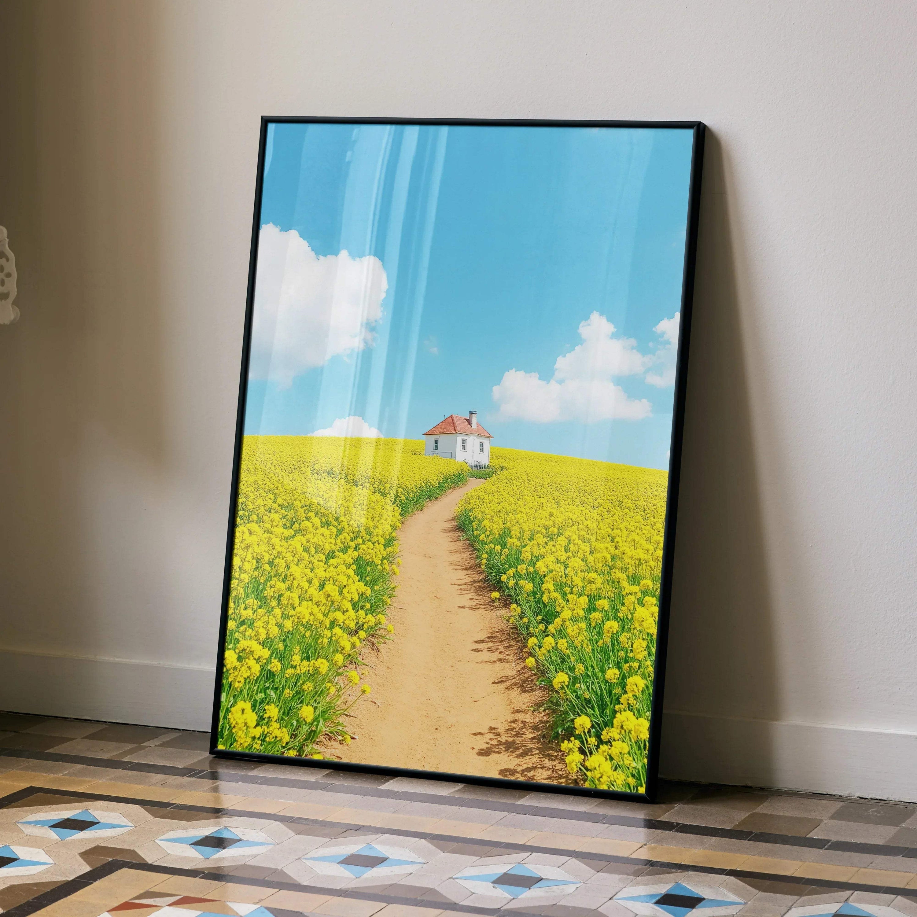 Vertical watercolor style floral wall art poster featuring a yellow flower field and a small white house under a blue sky.