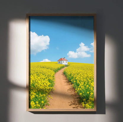 Vertical watercolor style floral wall art poster depicting a dirt path through yellow flower fields under a blue sky with.