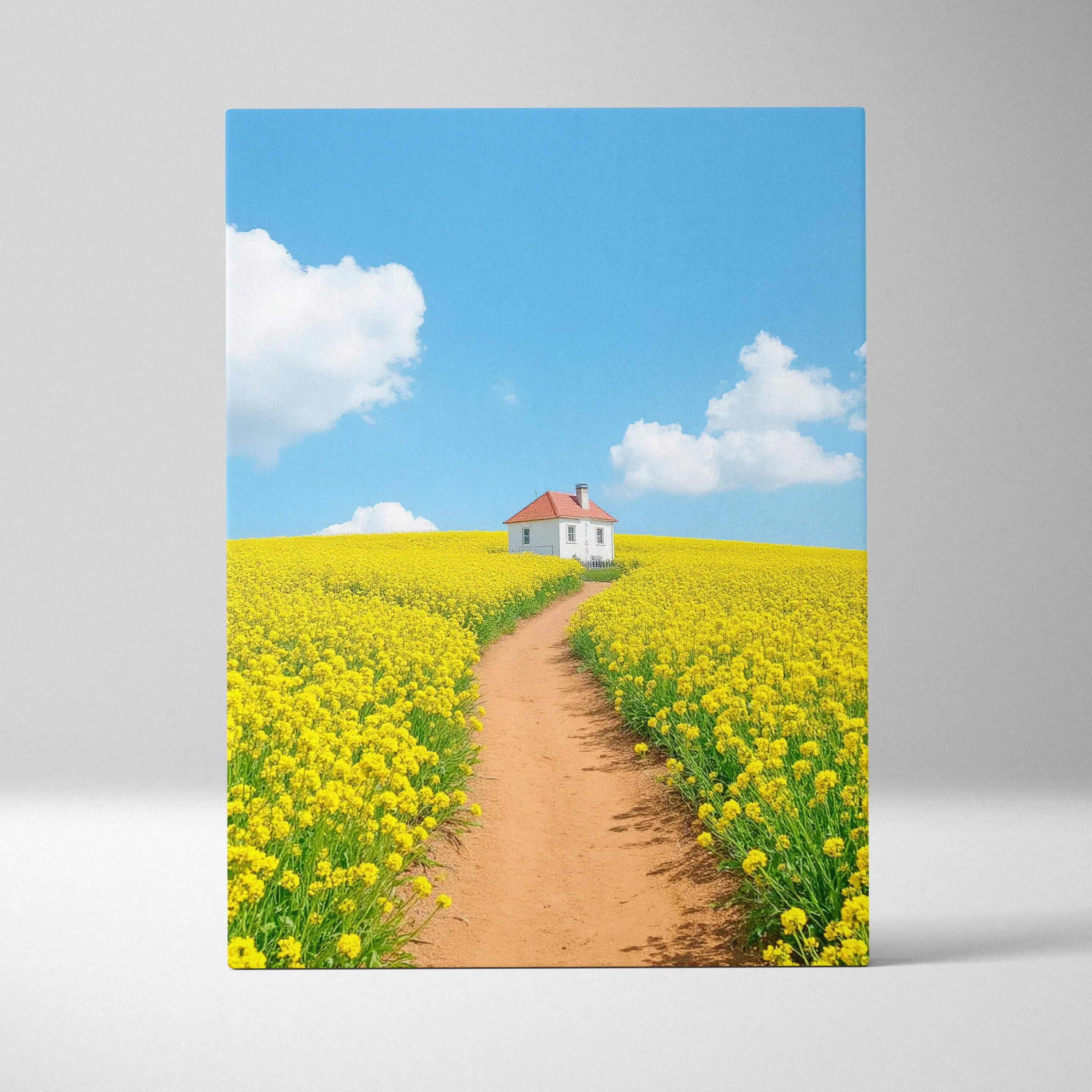 Canvas wall art featuring a path through vibrant yellow flowers leading to a small white house under a blue sky.