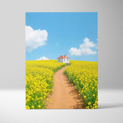 Canvas wall art featuring a path through vibrant yellow flowers leading to a small white house under a blue sky.