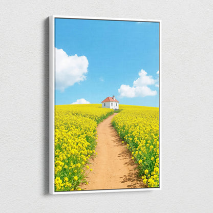 Canvas wall art featuring a dirt path through a yellow flower field leading to a small white house under a bright blue sky.