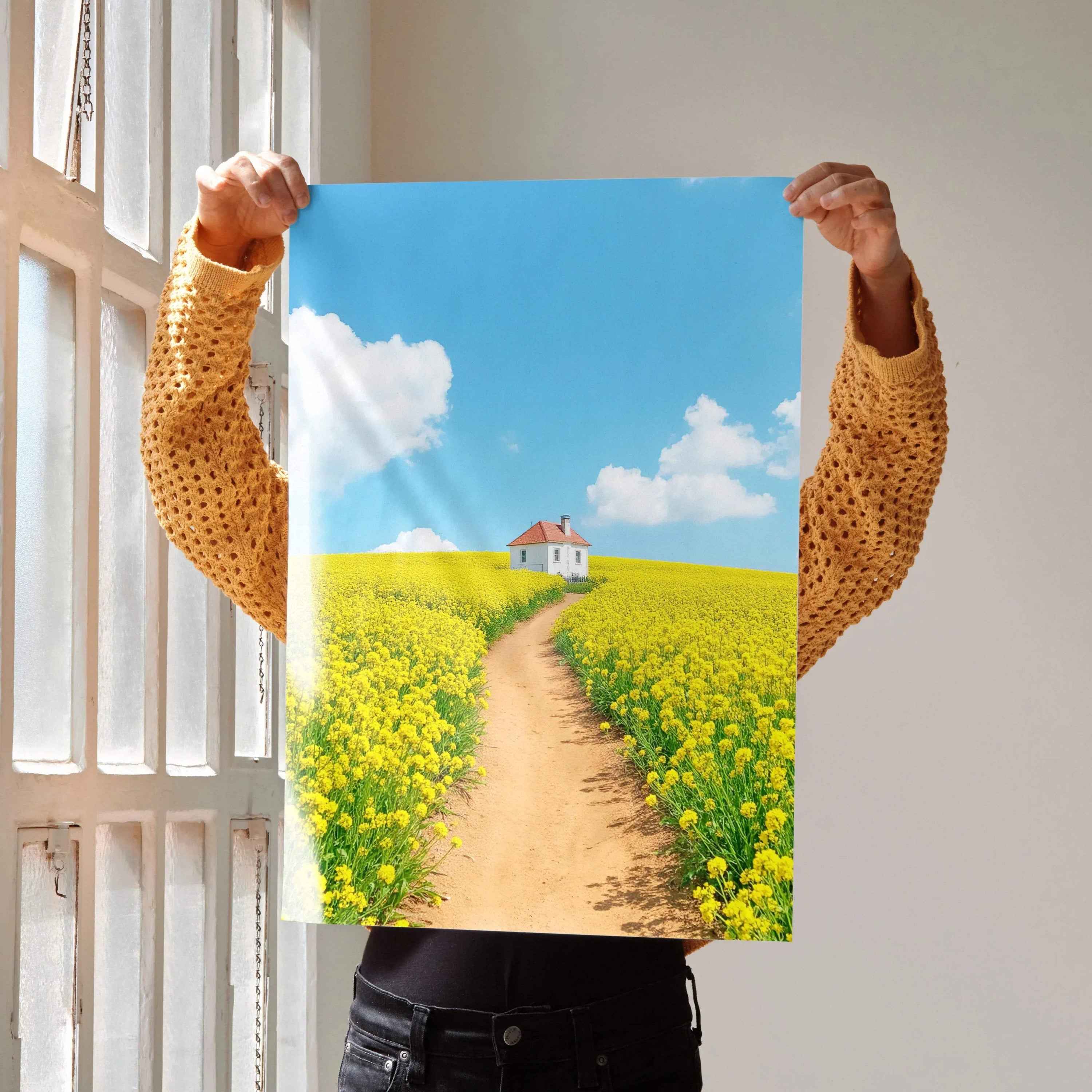 Vertical watercolor style floral nature wall art poster depicting a dirt path through a yellow flower field under a blue sky .