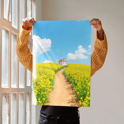 Vertical watercolor style floral nature wall art poster depicting a dirt path through a yellow flower field under a blue sky .