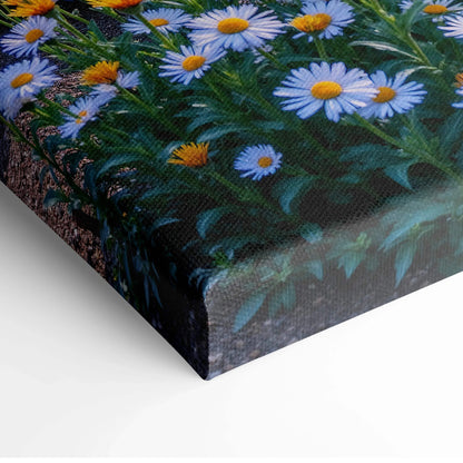 Canvas wall art featuring vibrant white and yellow daisy flowers with green foliage in a digital floral mountain design.