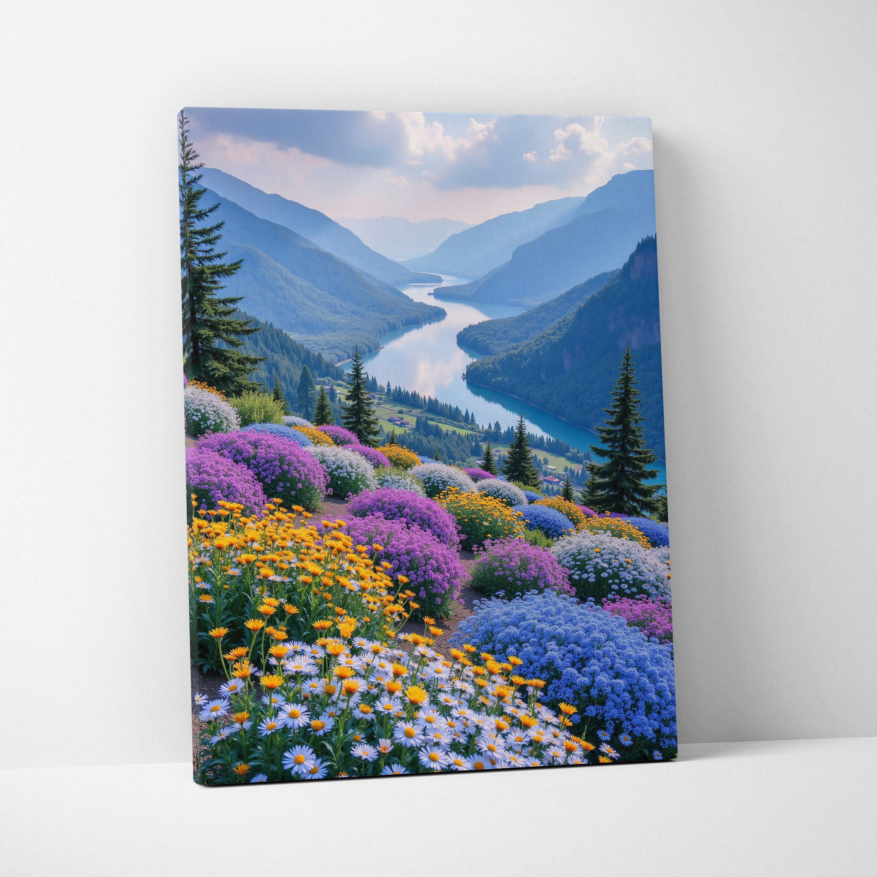 Canvas wall art featuring vibrant wildflowers in purple, yellow, and white blooming on a mountainside with a winding river.