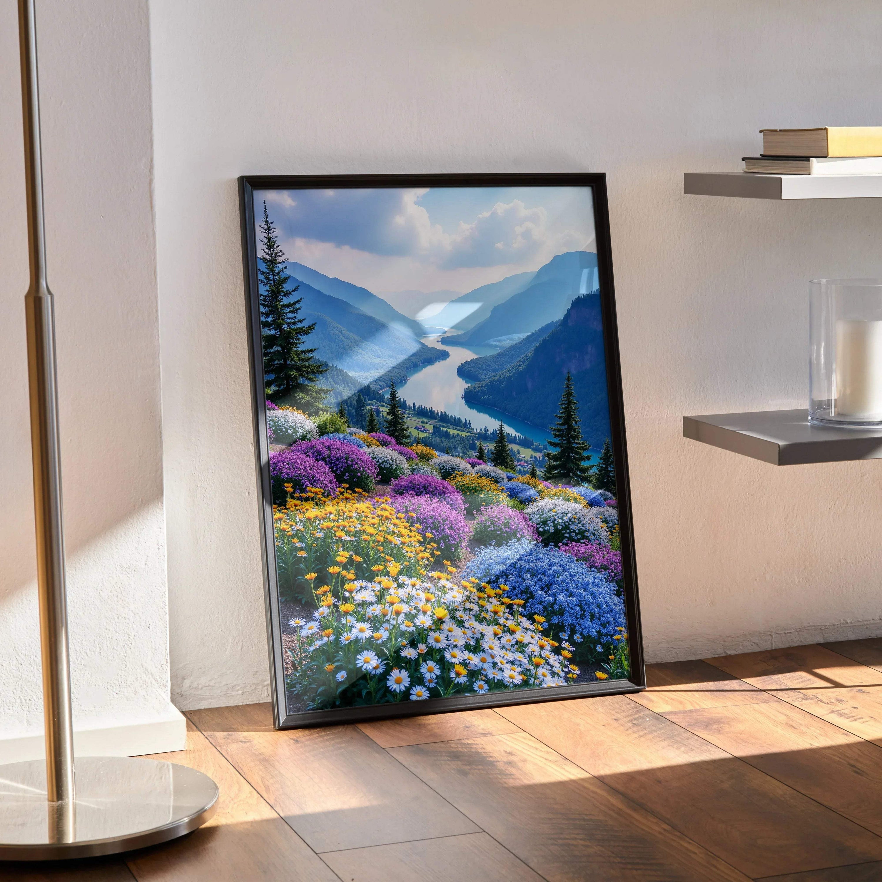 Vibrant floral nature poster with colorful wildflowers and mountain river wall art in vertical black frame.