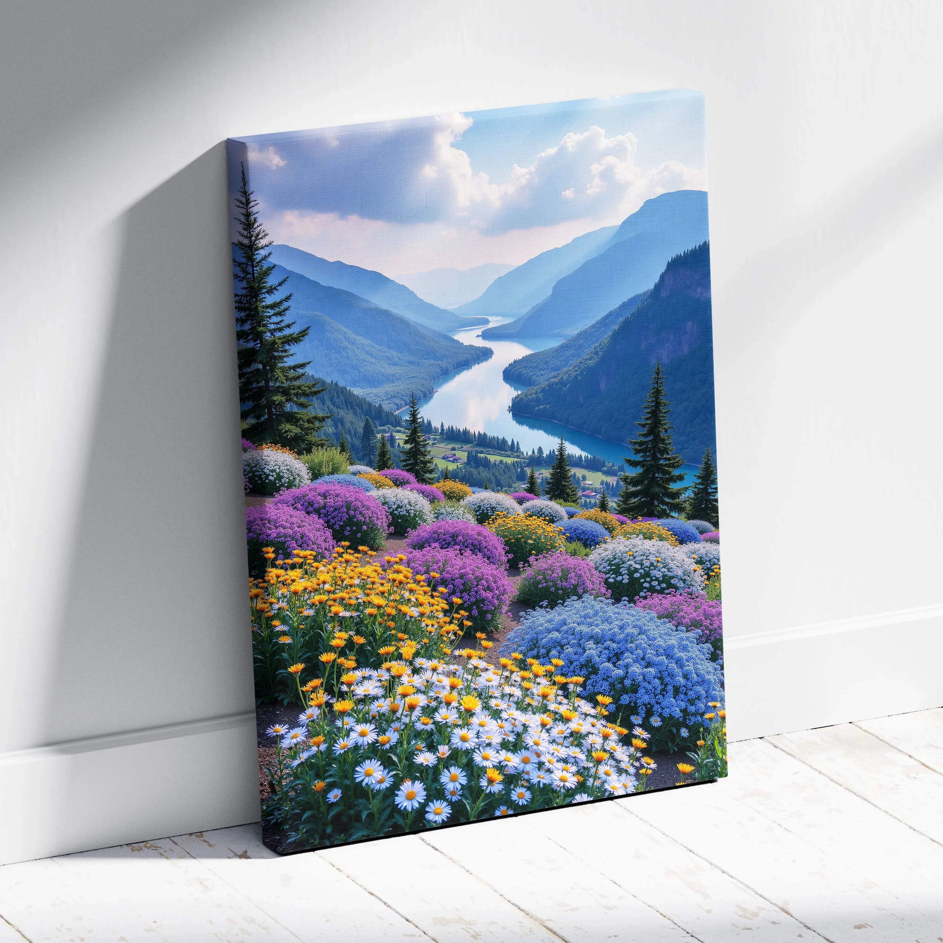 Vertical canvas wall art featuring colorful floral mountains with a winding river under a bright sky.