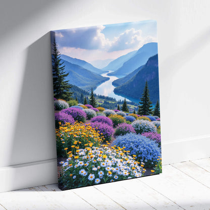 Vertical canvas wall art featuring colorful floral mountains with a winding river under a bright sky.