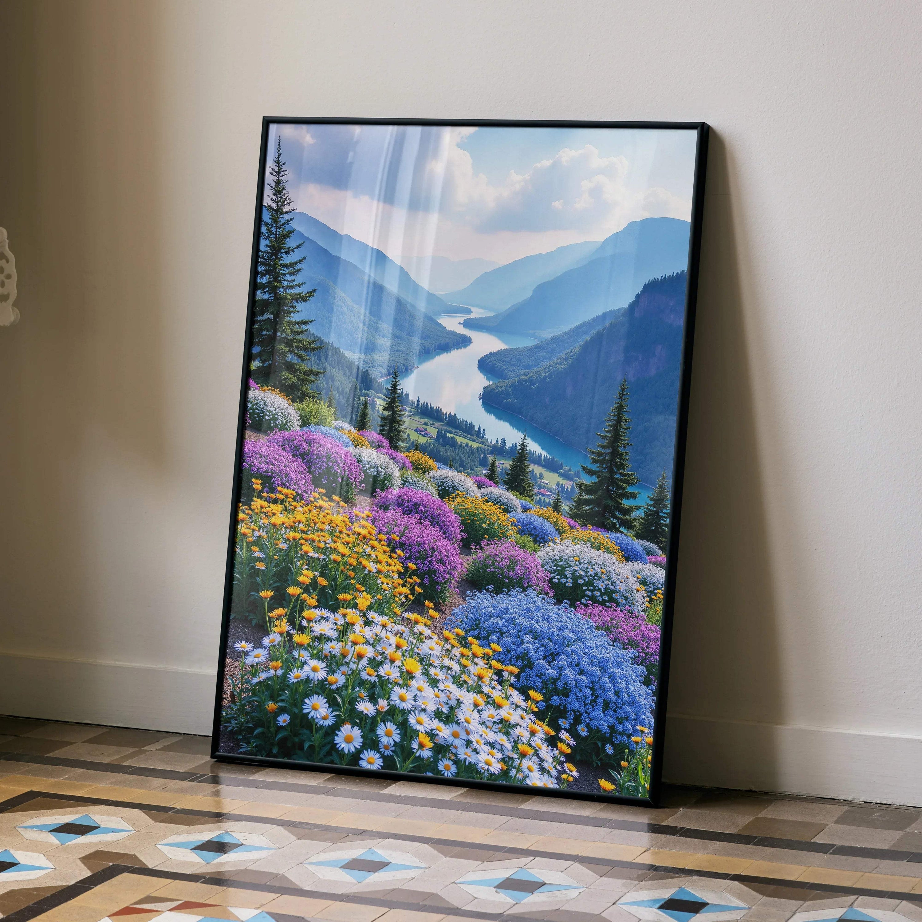 Vibrant floral and nature digital art poster with colorful wildflowers and river view wall art.