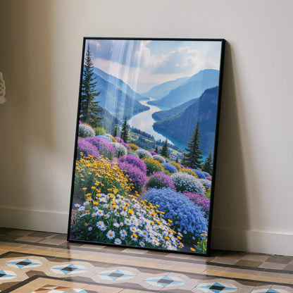 Vibrant floral and nature digital art poster with colorful wildflowers and river view wall art.