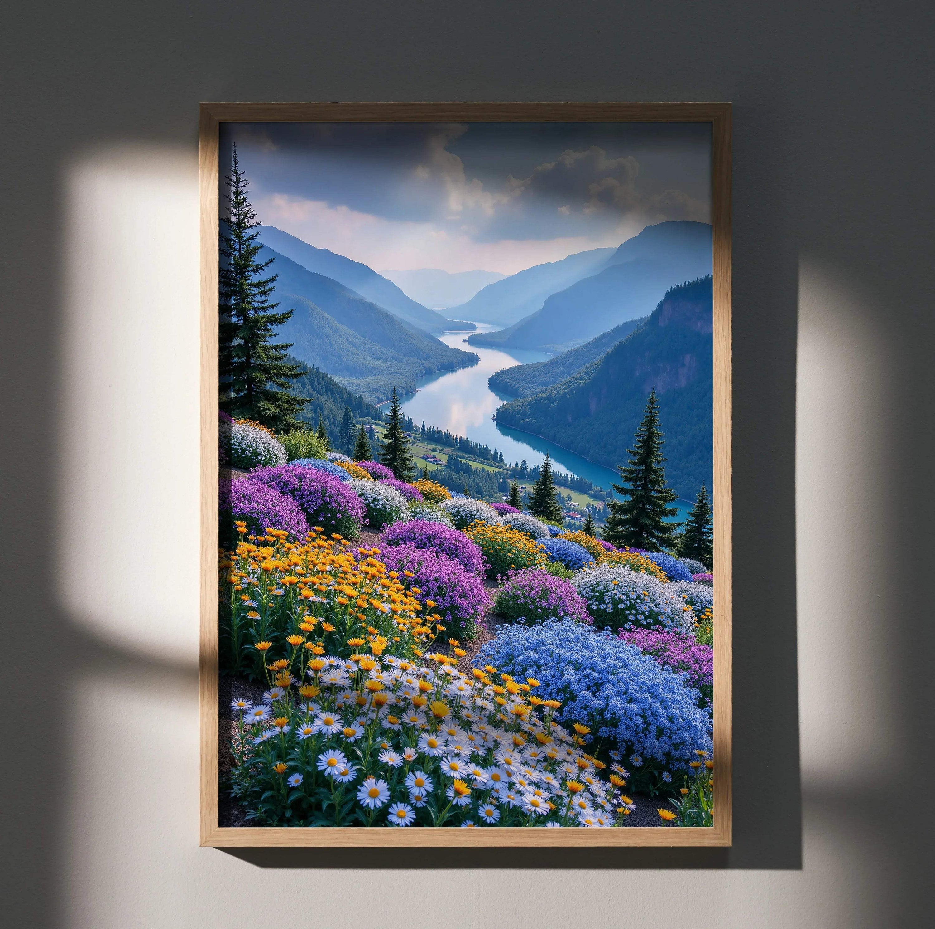 Vibrant floral nature poster with colorful blooming wildflowers and a winding river in a mountain valley wall art.
