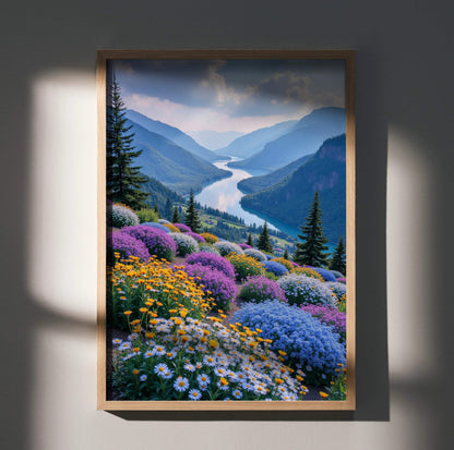 Vibrant floral nature poster with colorful blooming wildflowers and a winding river in a mountain valley wall art.