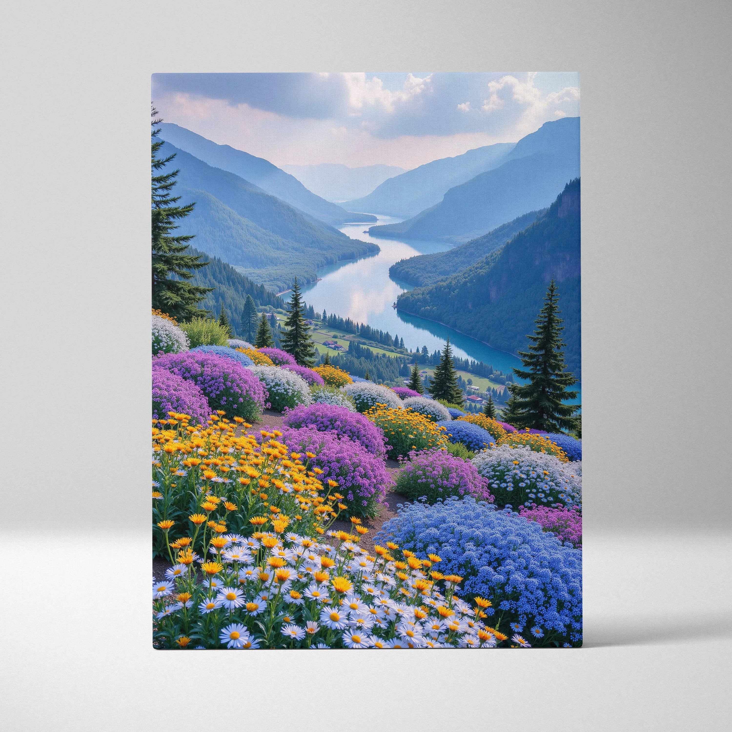 Vibrant floral and mountain scene canvas wall art with colorful wildflowers and winding river valley.