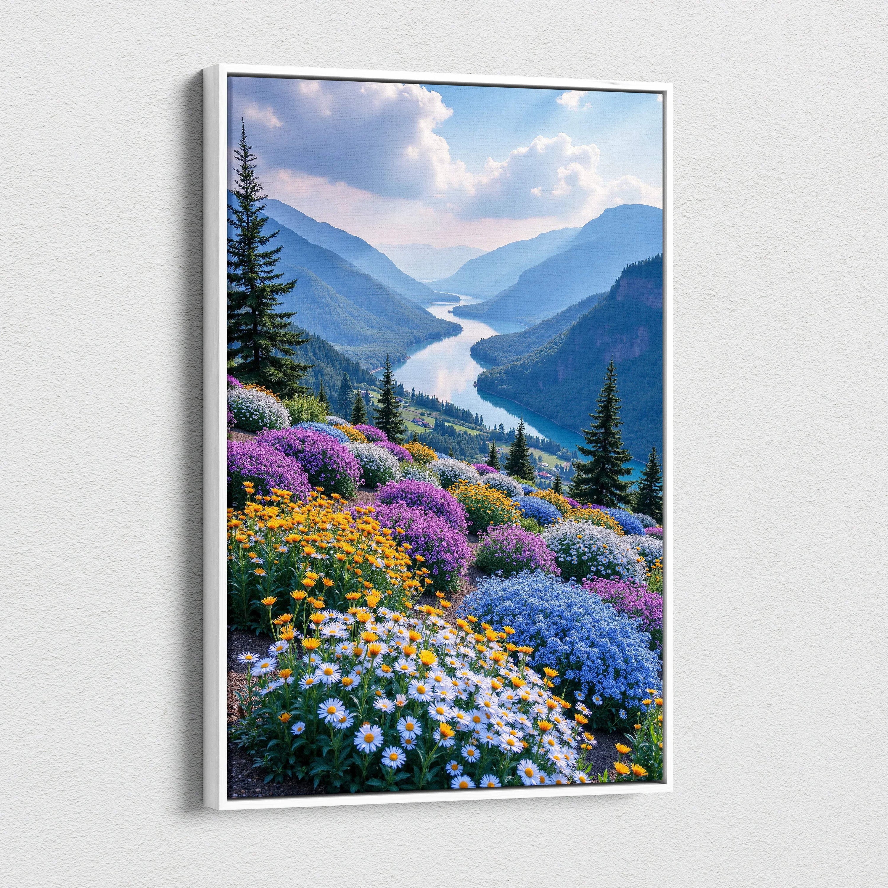 Vibrant floral mountain landscape canvas wall art with wildflowers and winding river.