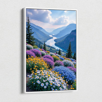 Vibrant floral mountain landscape canvas wall art with wildflowers and winding river.