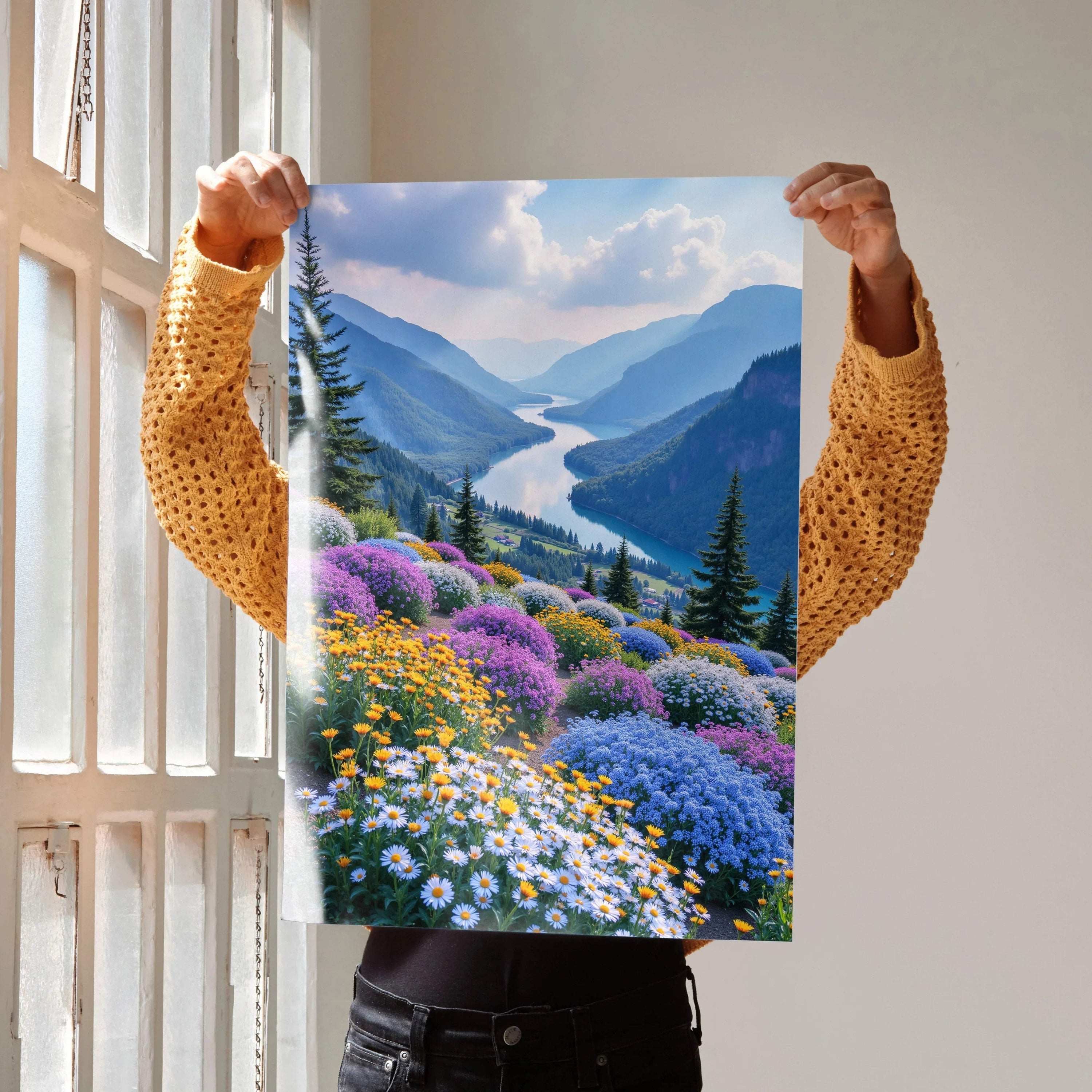 Vibrant floral nature poster with colorful wildflowers and mountains, vertical wall art print.