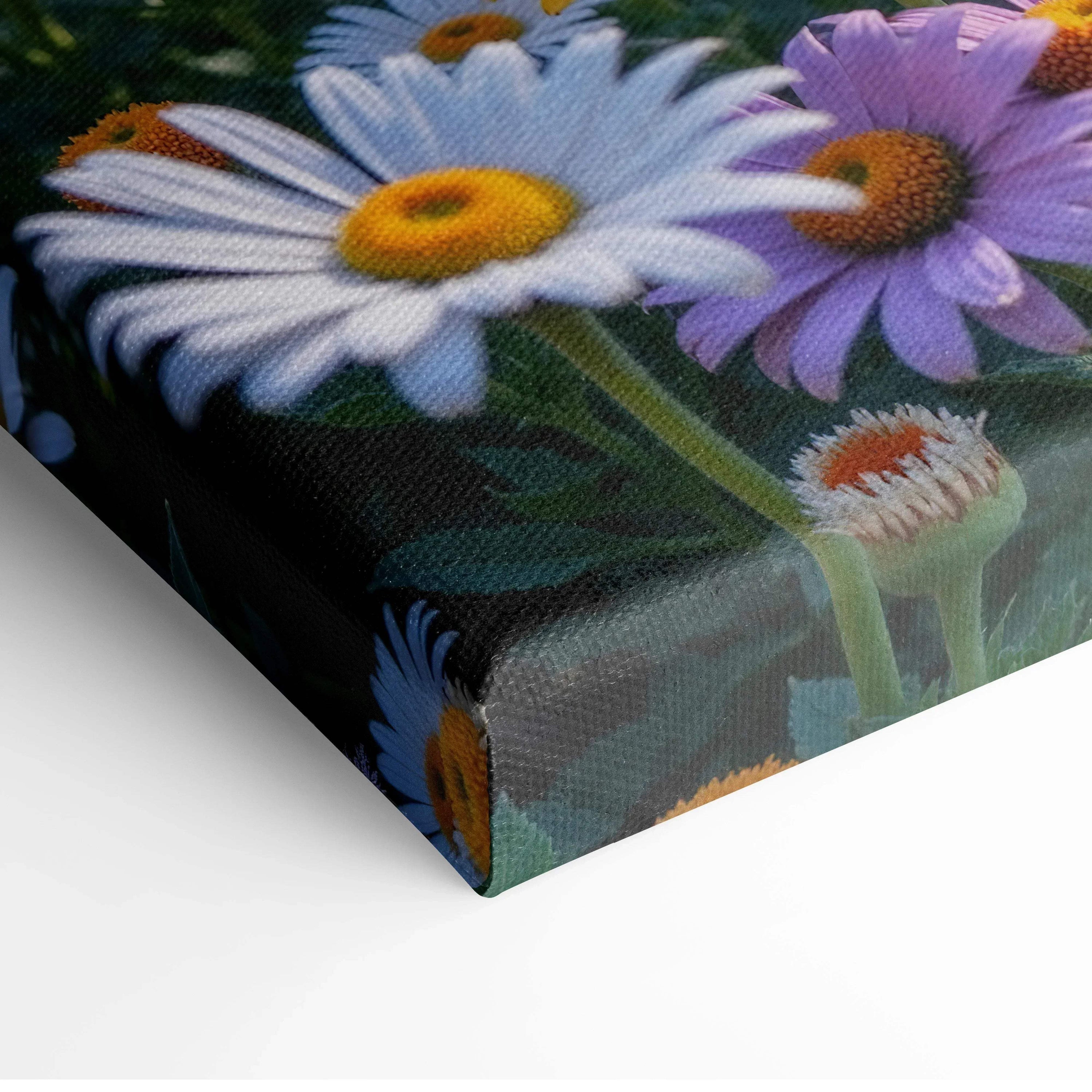 Vibrant floral canvas wall art with close-up of white and purple daisies on dark background.