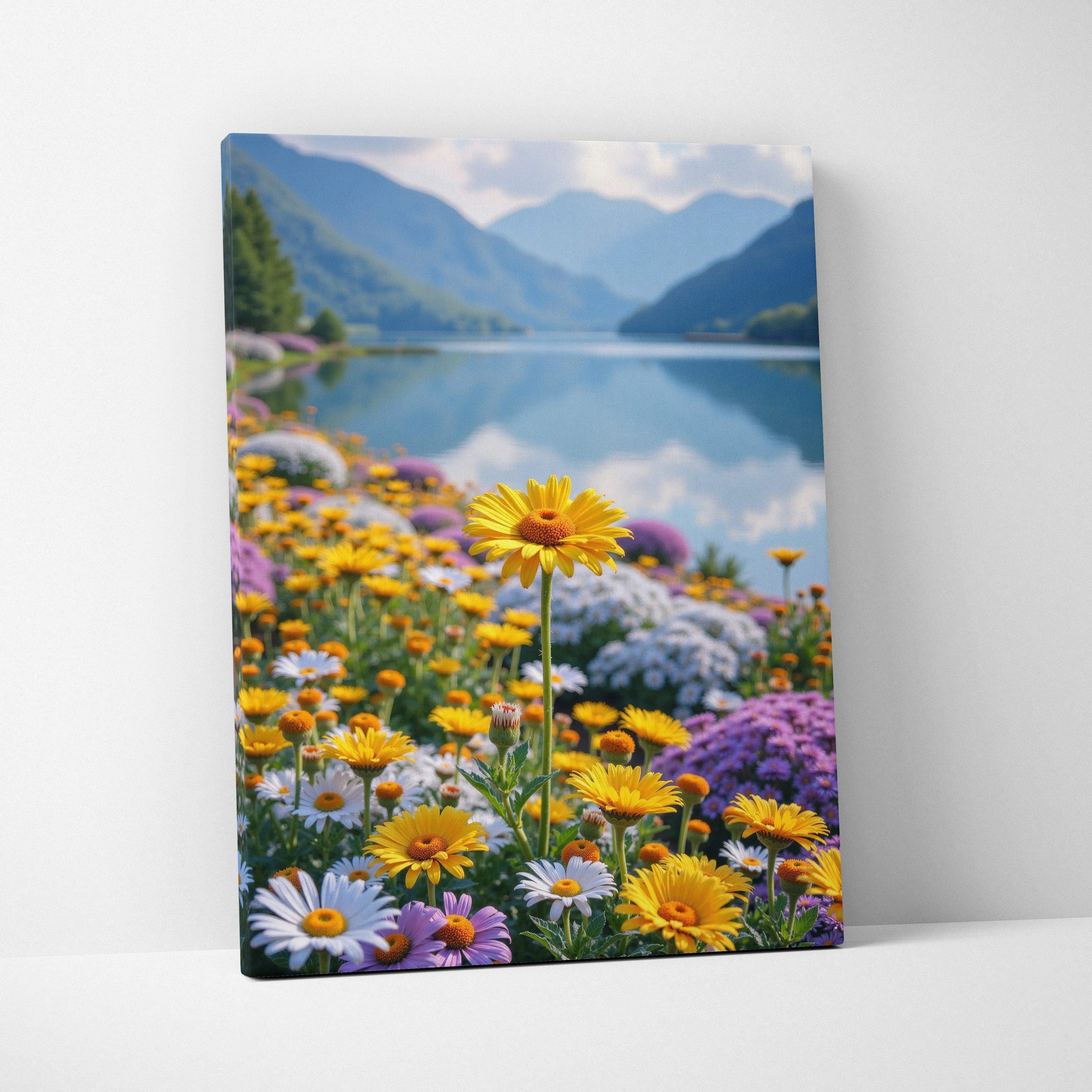 Vertical canvas wall art featuring vibrant wildflowers with mountains and lake in the background.