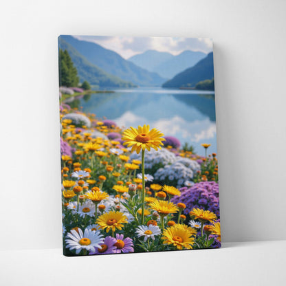 Vertical canvas wall art featuring vibrant wildflowers with mountains and lake in the background.