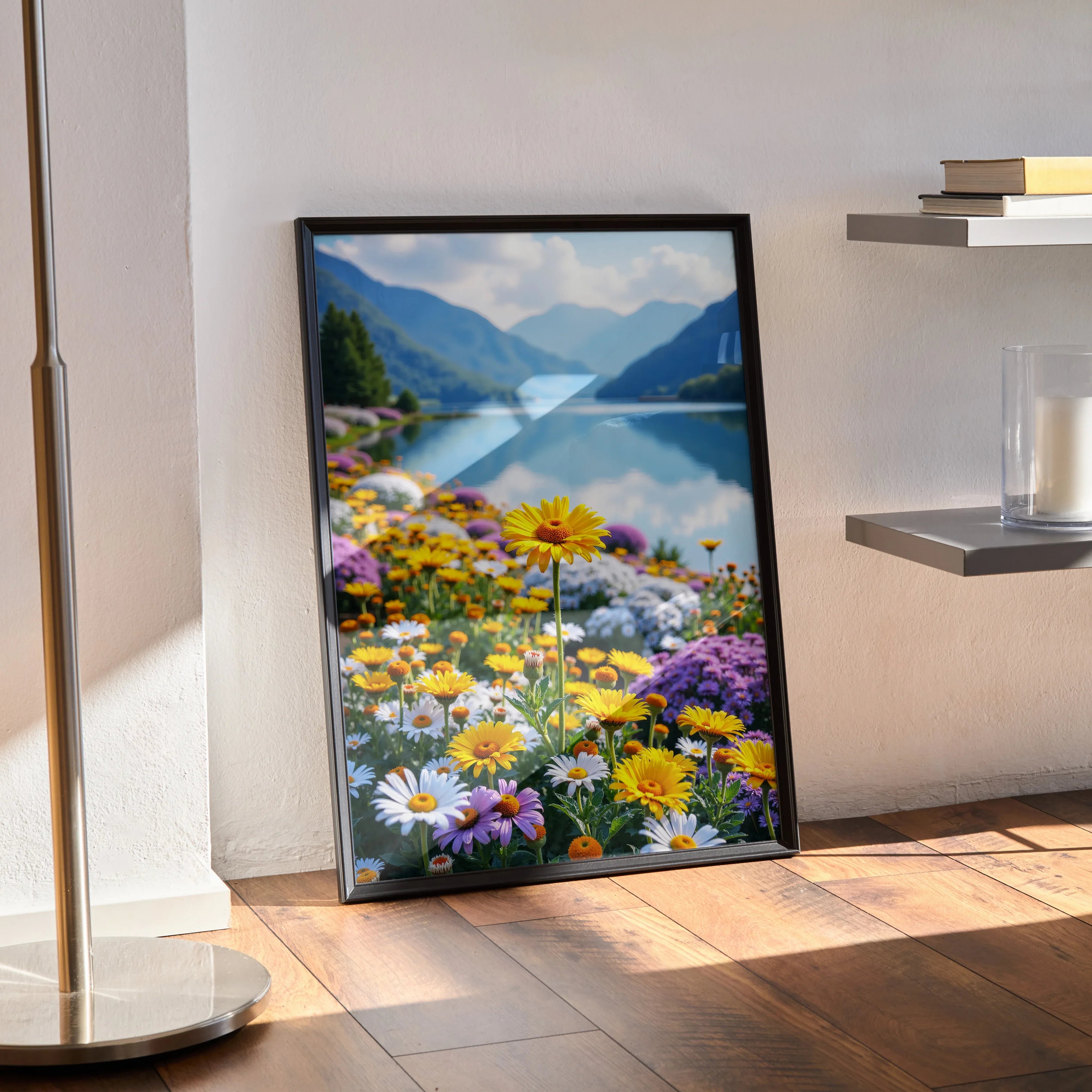 Vibrant floral nature poster featuring colorful wildflowers and mountain lake view in black frame wall art.
