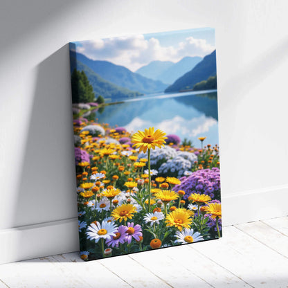 Colorful wildflower field with mountains and lake background on vertical canvas wall art.