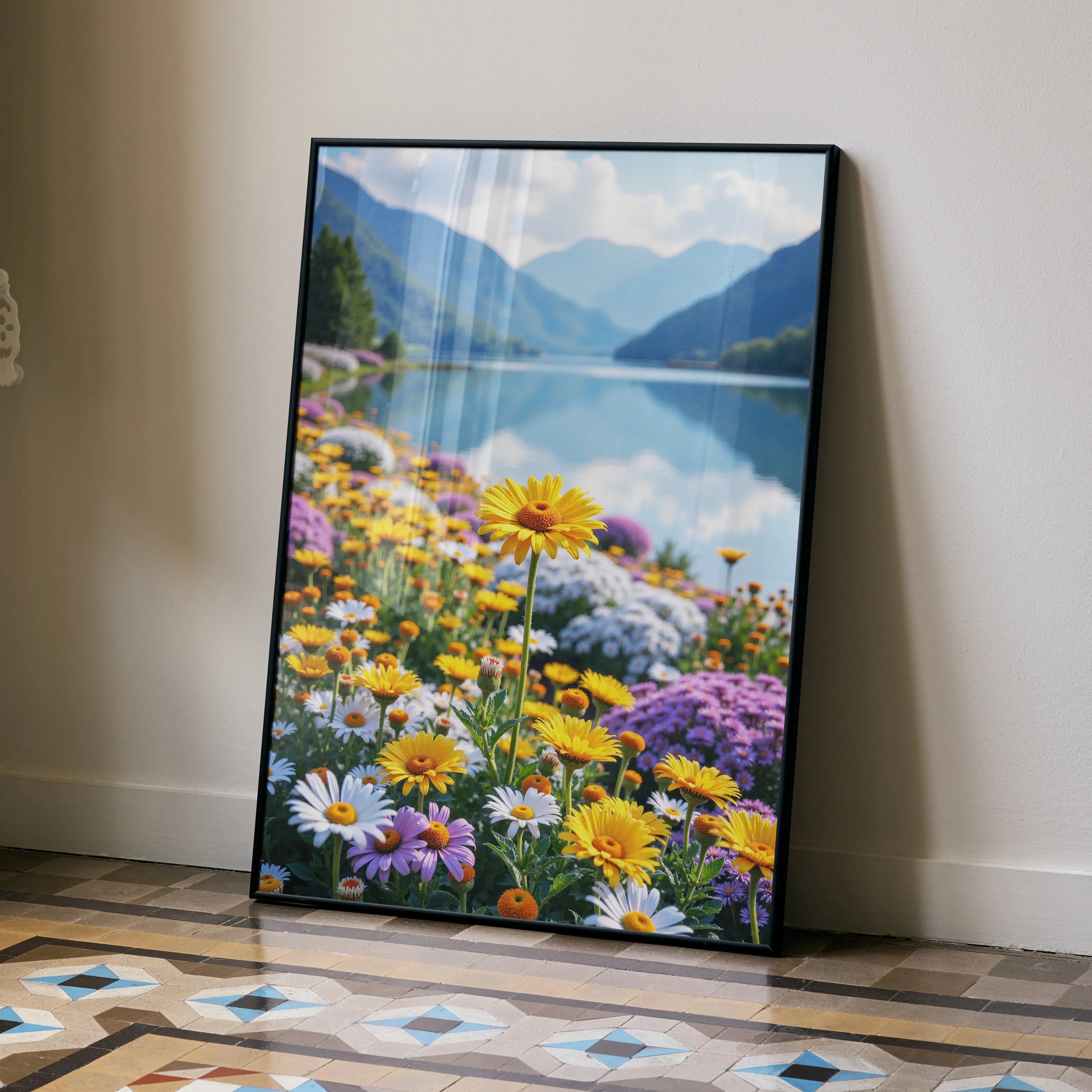 Vertical poster featuring vibrant floral wall art with daisies and colorful wildflowers by a mountain lake.