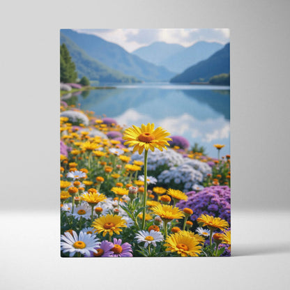 Vibrant floral canvas wall art featuring yellow daisies and purple flowers by a serene mountain lake.