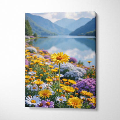 Canvas wall art featuring vibrant yellow and purple wildflowers by a serene mountain lake.