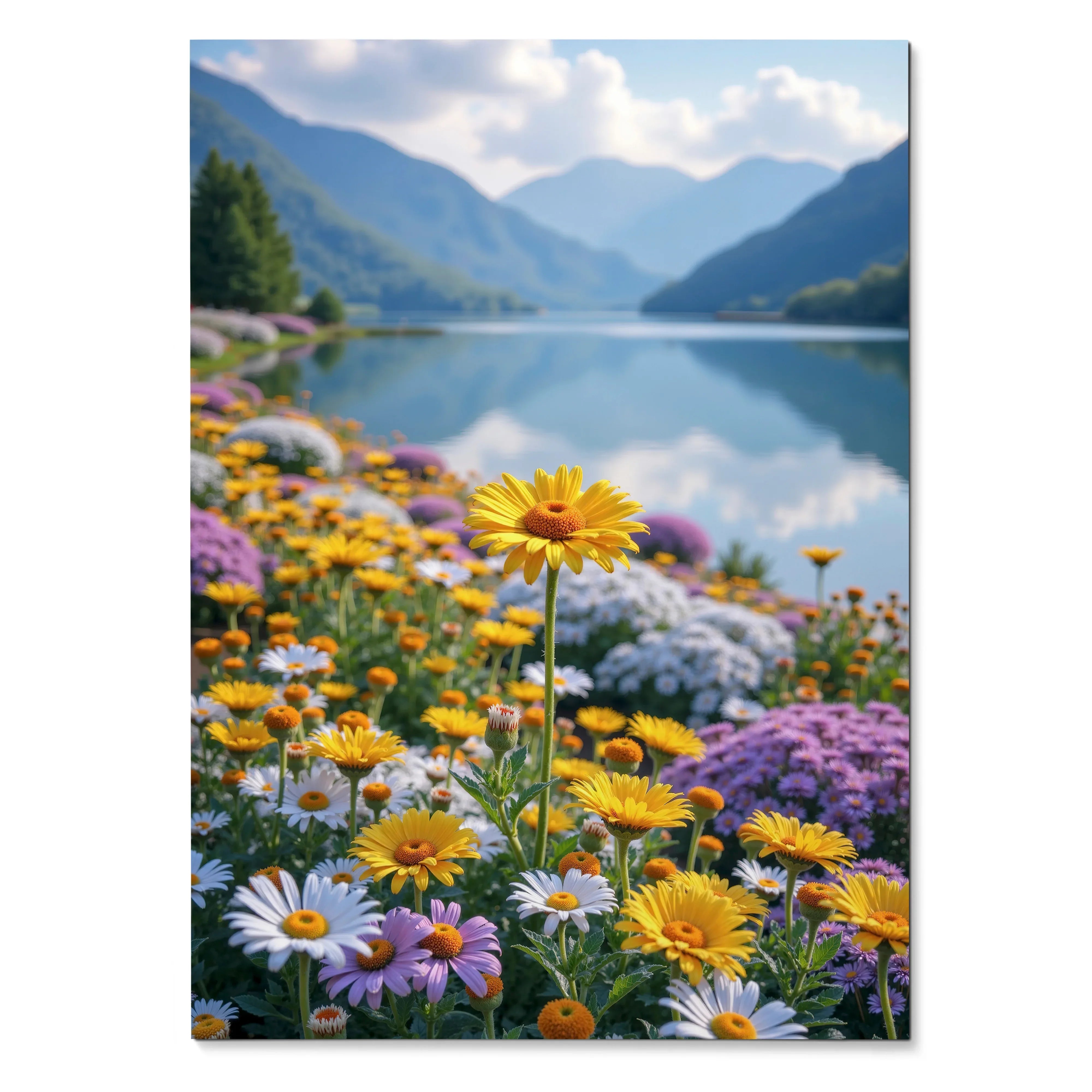 Vertical floral poster with yellow, white, and purple flowers by a mountain lake wall art.